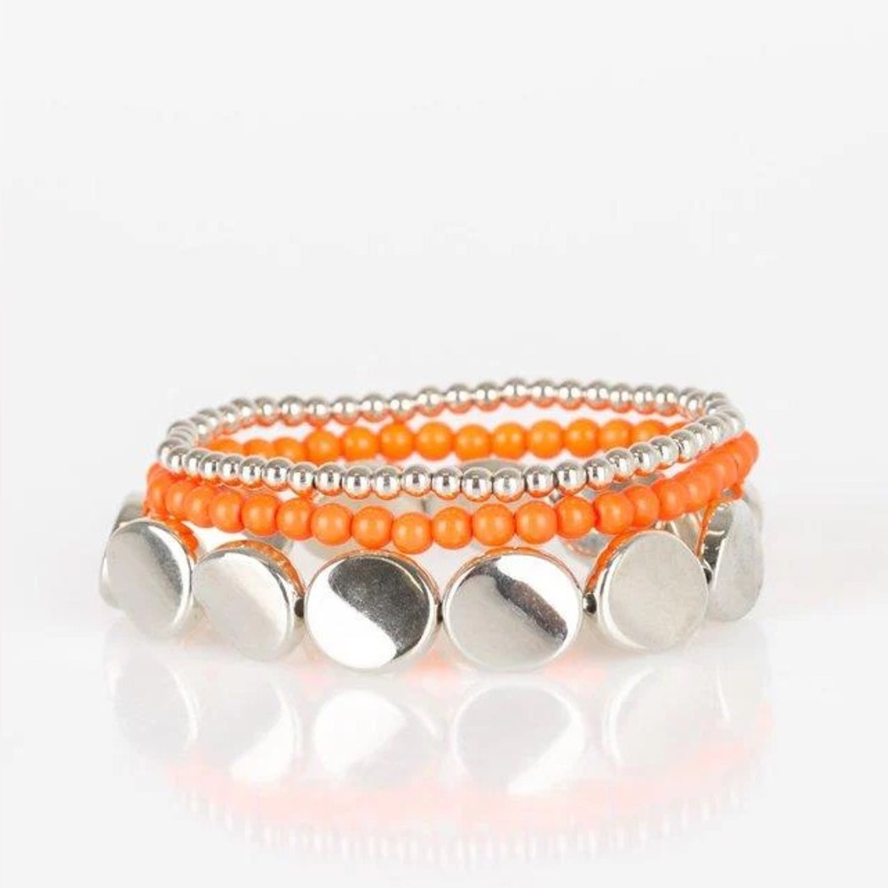 Silver and Orange Beaded Bracelet Set